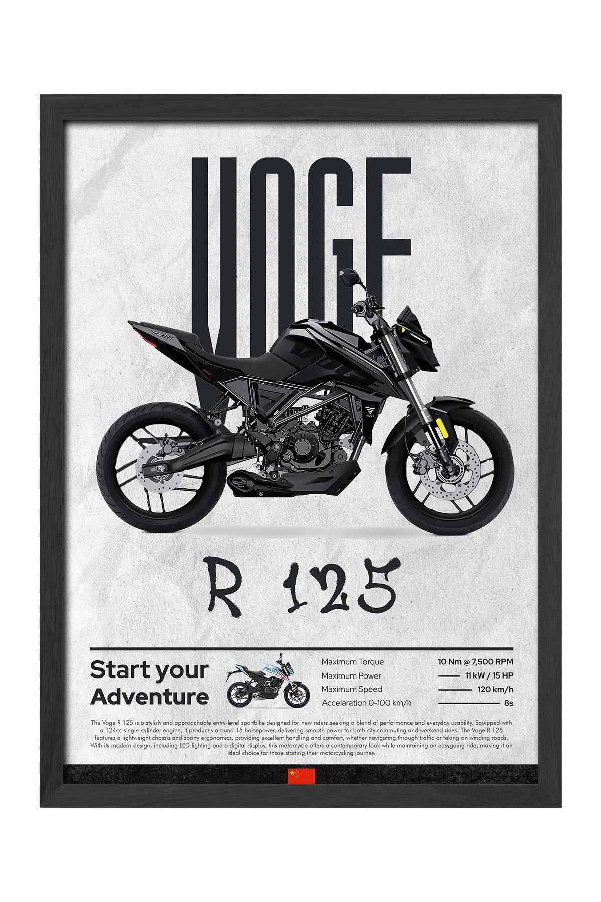 Voge R 125 monokrom siyah motosiklet posteri çerçeveli tablo – 3. görsel