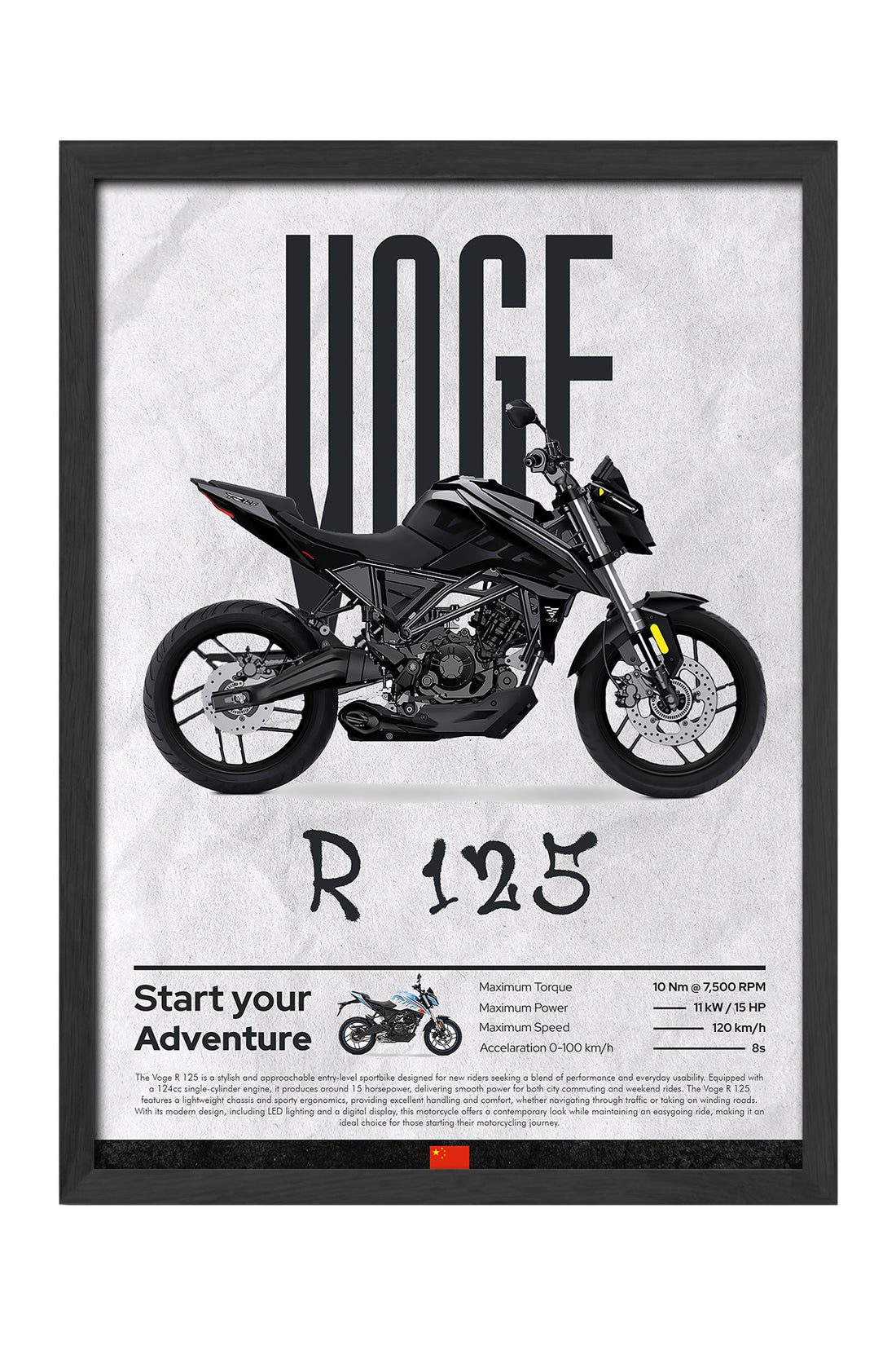 Voge R 125 monokrom siyah motosiklet posteri çerçeveli tablo – 3. görsel