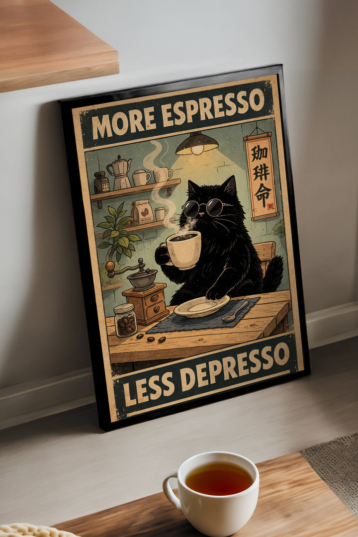 More Espresso Less Depresso yazılı kahve içen siyah kedi posteri – 2. görsel