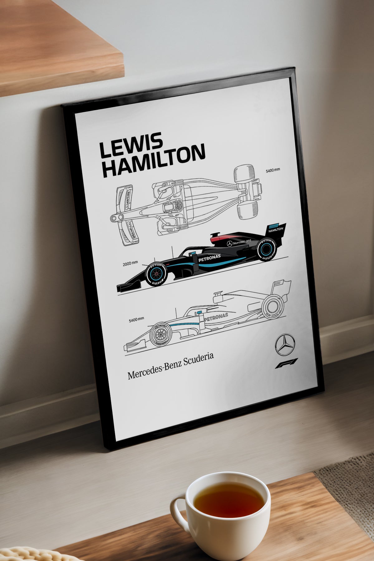 Lewis Hamilton F1 aracı teknik çizim beyaz poster çerçeveli tablo – 3. görsel