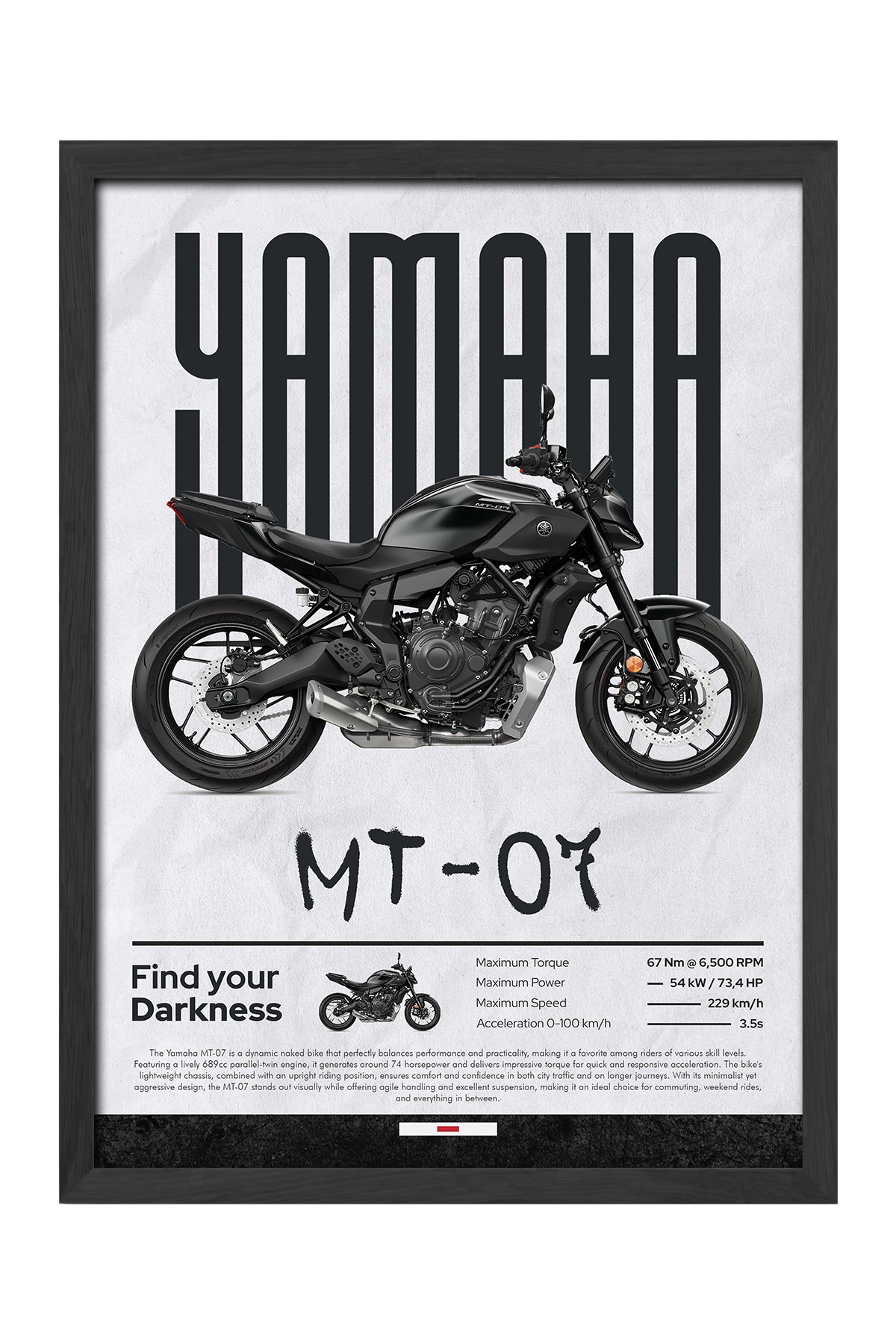Yamaha MT-07 siyah naked motosiklet posteri çerçeveli tablo – 4. görsel