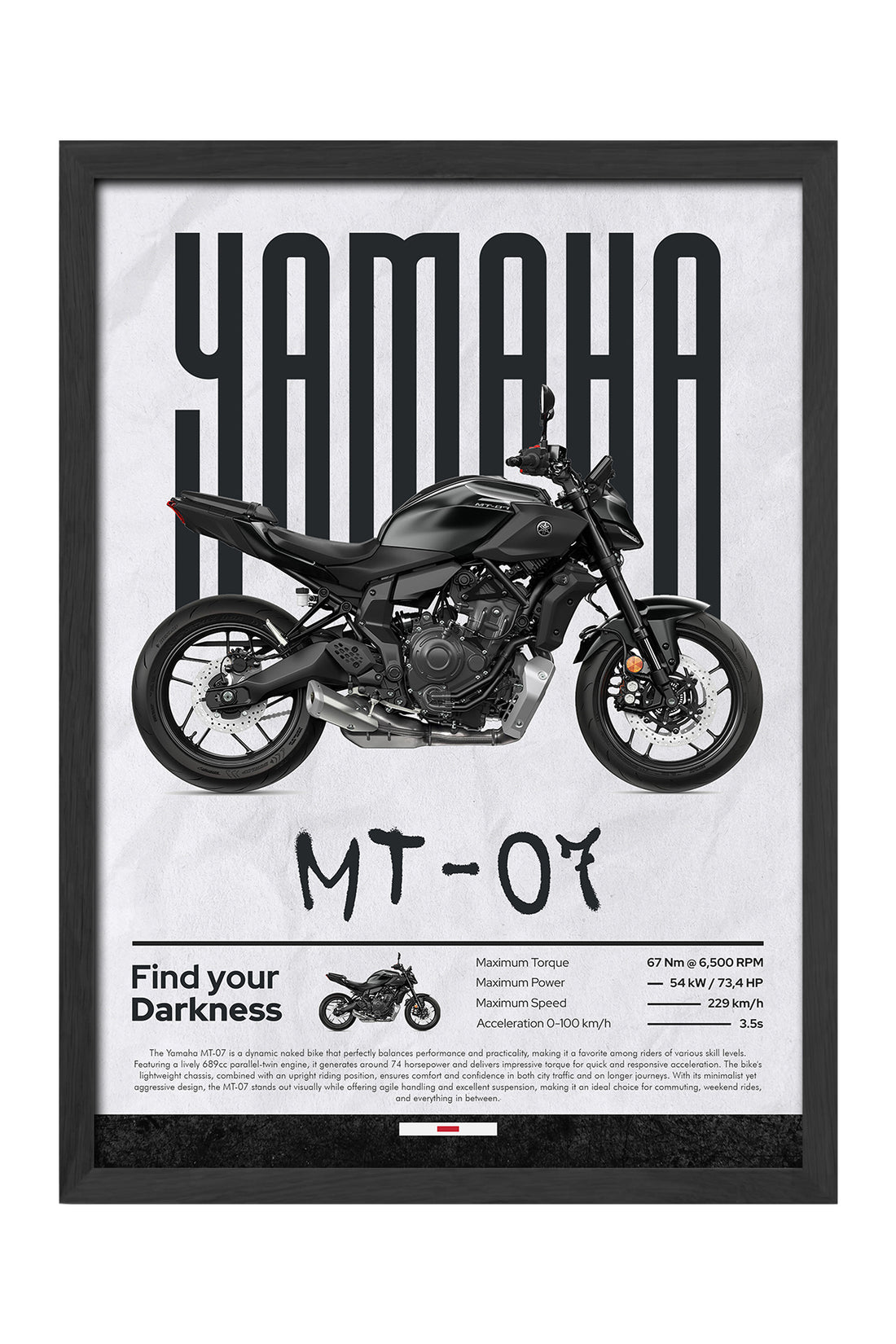 Yamaha MT-07 siyah naked motosiklet posteri çerçeveli tablo – 4. görsel