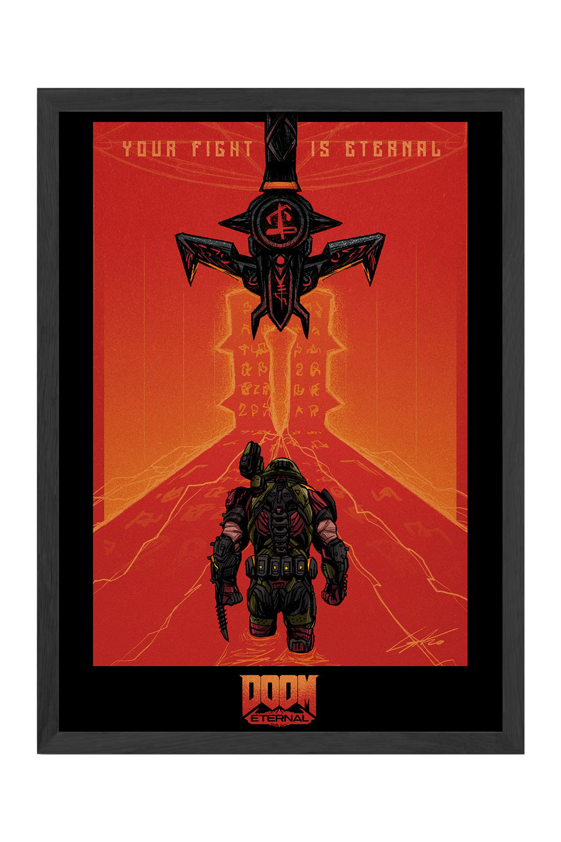 Doom Eternal turuncu zeminde zırhlı savaşçı oyun posteri – 4. görsel