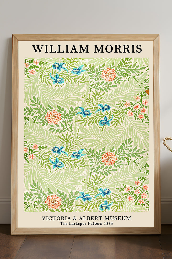 William Morris açık yeşil mavi çiçek desenli pastel sergi posteri