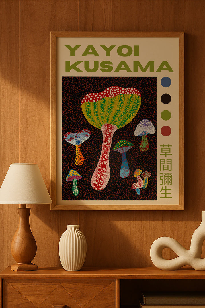 Yayoi Kusama renkli puantiyeli mantarlar sergi posteri – 2. görsel