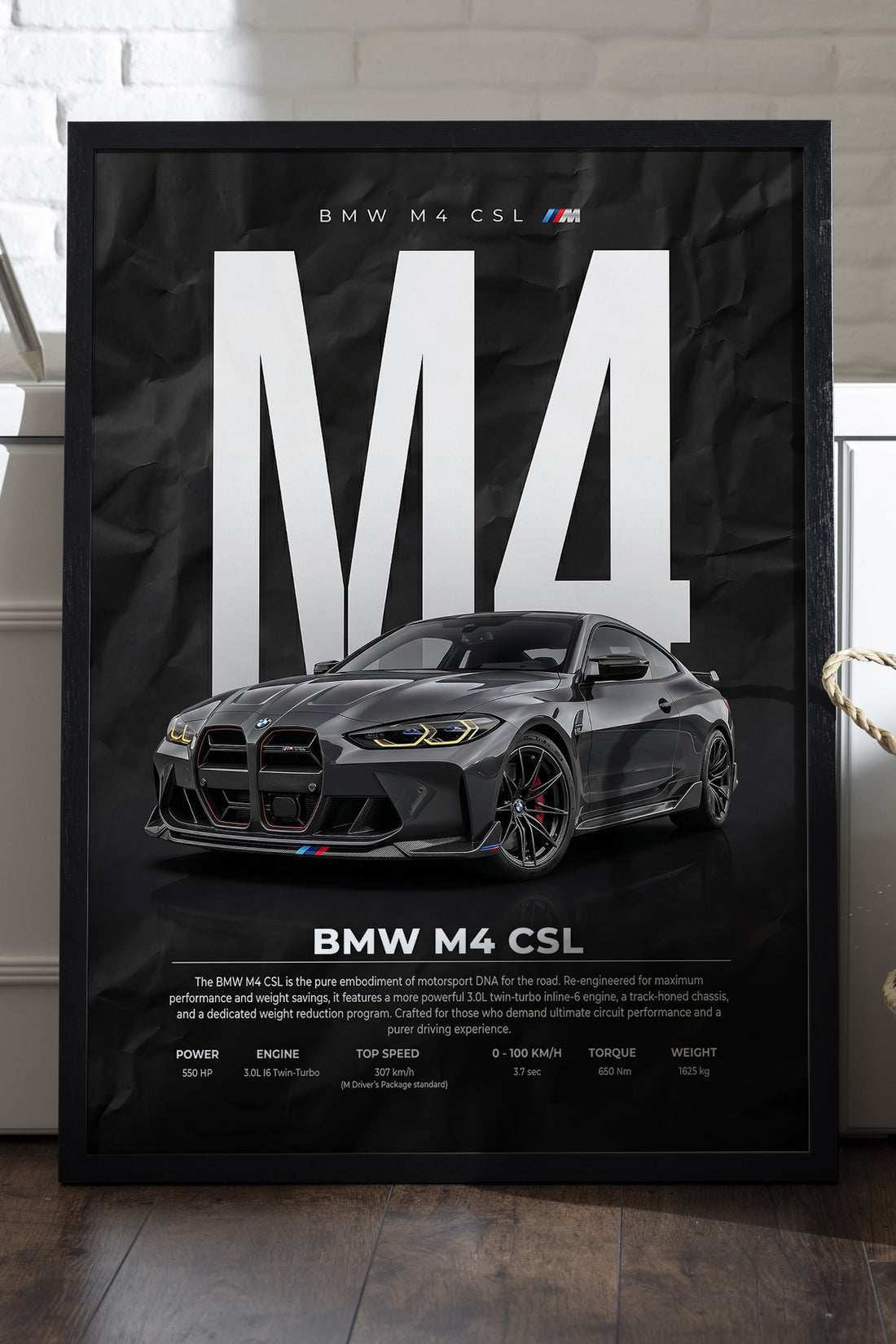 BMW M4 CSL dev M4 harfli koyu araba posteri