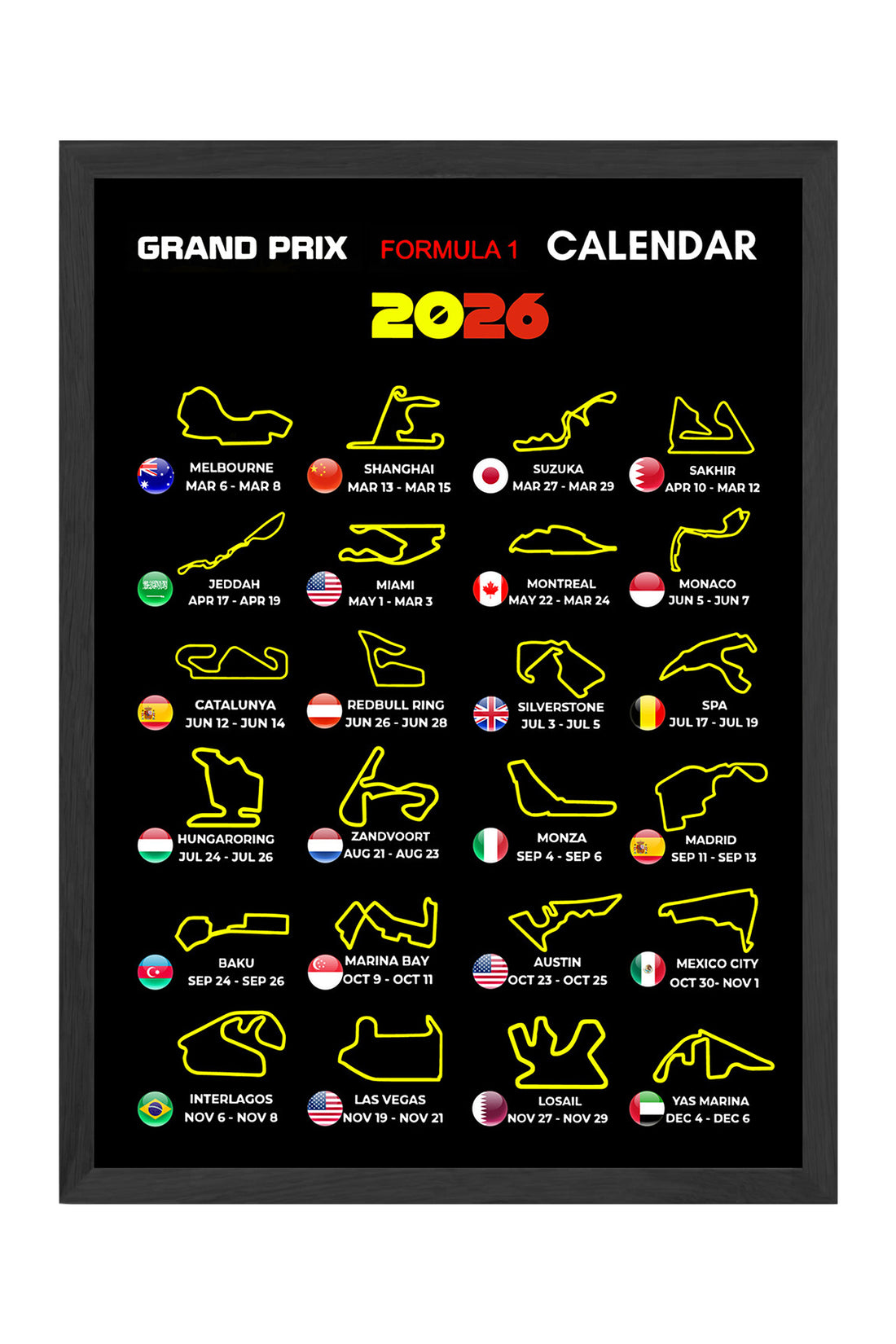 Grand Prix Formula 1 Calendar - tablo