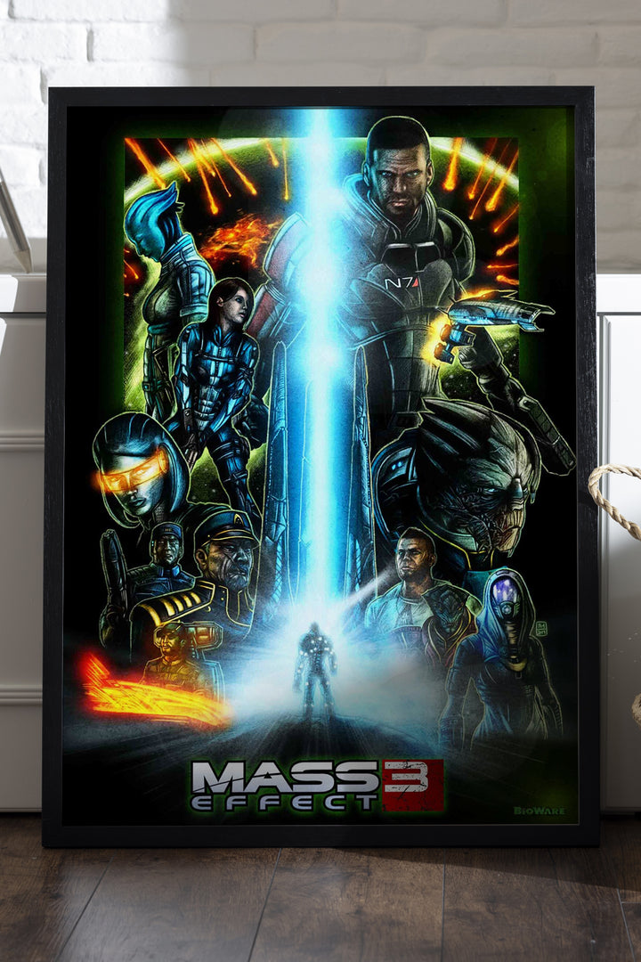 Mass Effect 3 mavi ışın ve karakterler oyun posteri çerçeveli tablo