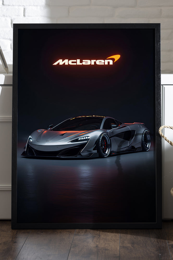 McLaren 570S karanlıkta gri süper otomobil posteri çerçeveli tablo