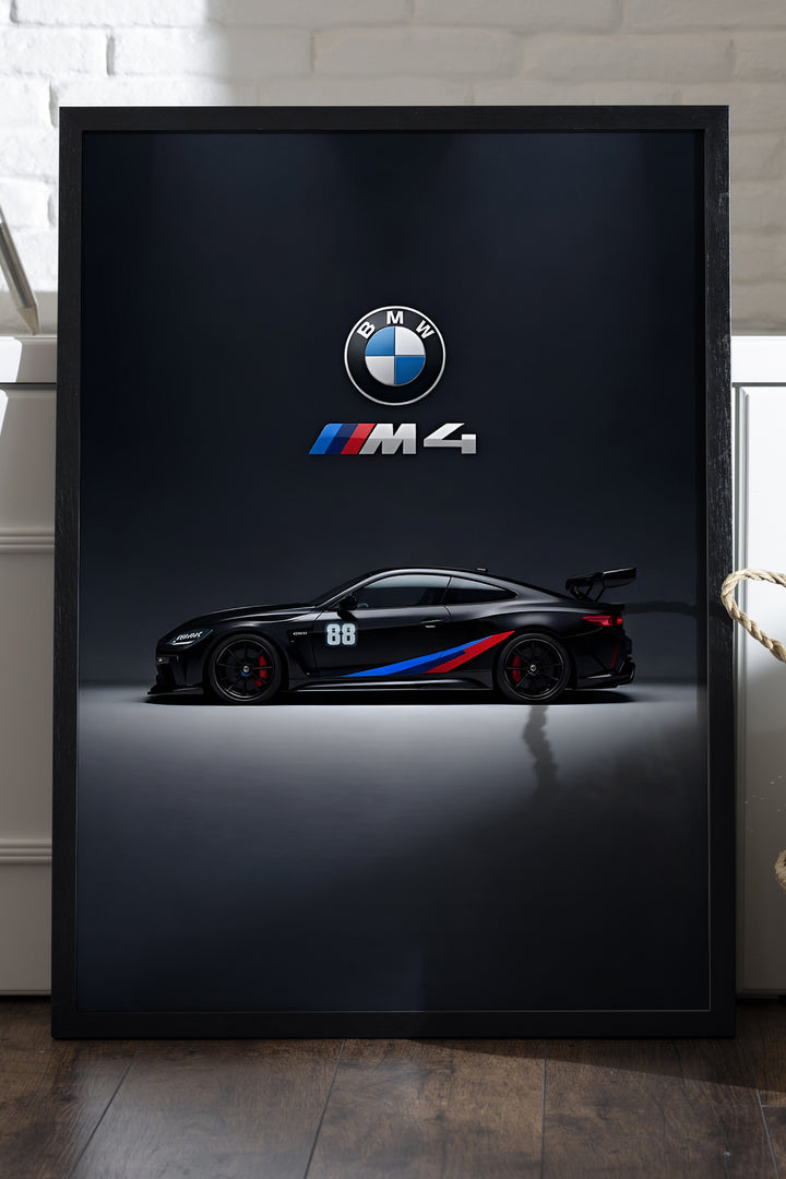BMW M4 siyah zeminde koyu coupe minimal poster