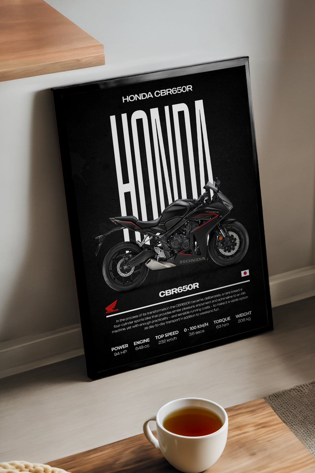 Honda CBR 650R siyah zeminli mat siyah motosiklet poster çerçeveli tablo – 2. görsel