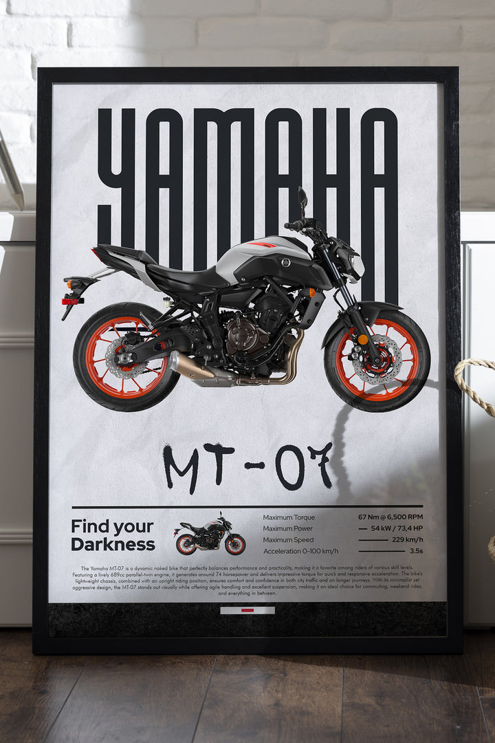 Yamaha MT-07 turuncu jantlı gri motosiklet posteri