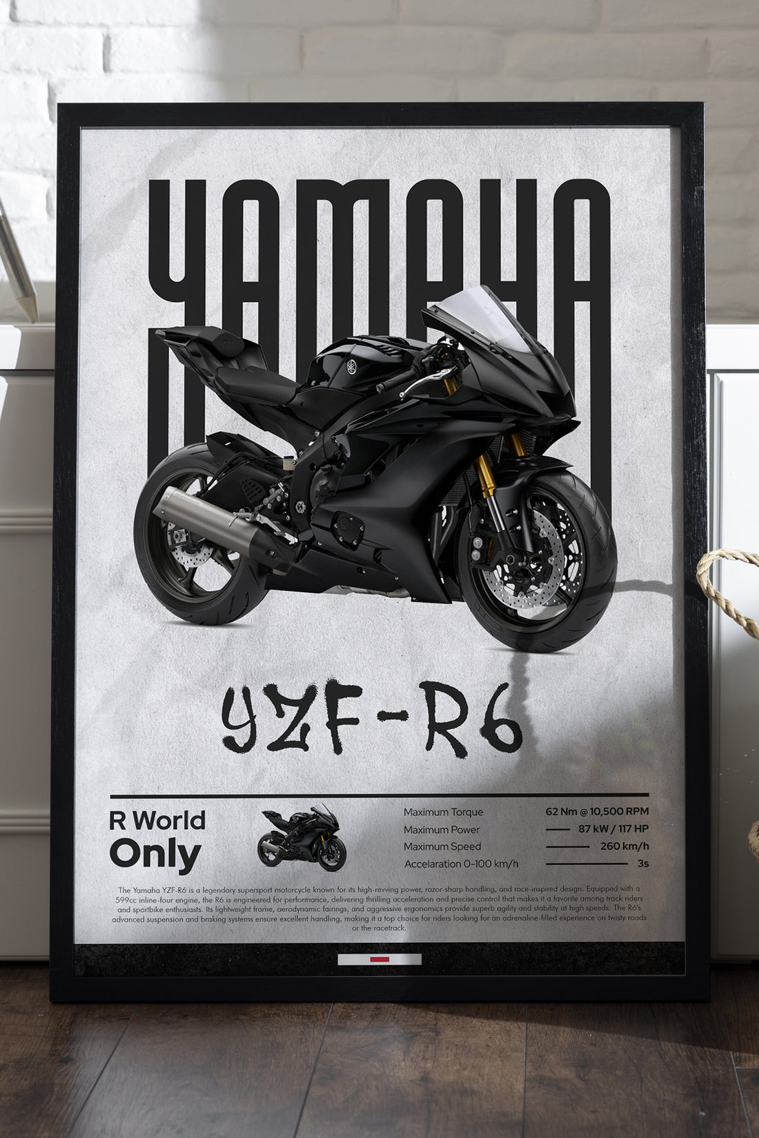 Yamaha YZF-R6 siyah süper sport motosiklet posteri