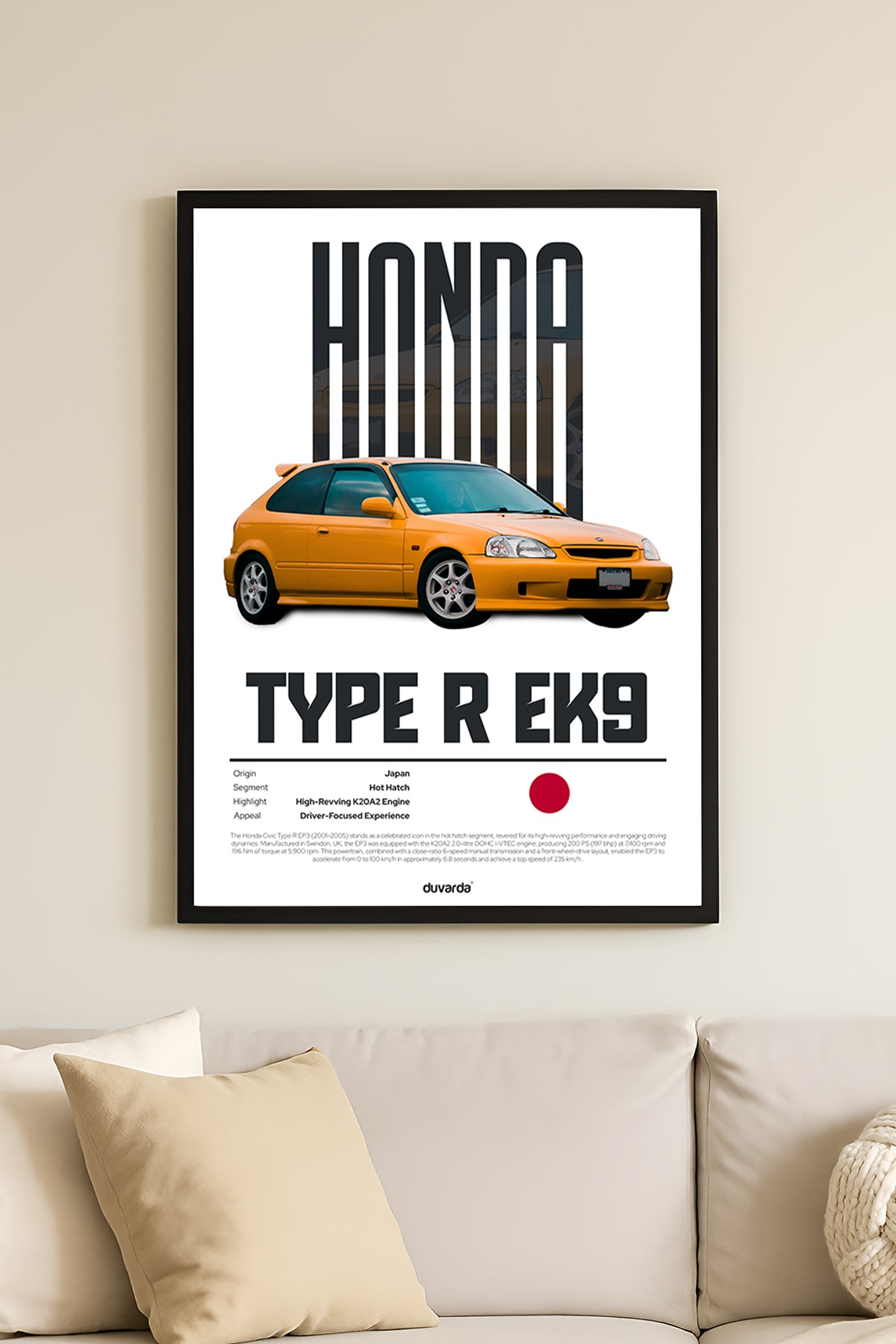 Honda Type R EK9 sarı hatchback kırmızı daireli JDM poster çerçeveli tablo – 2. görsel