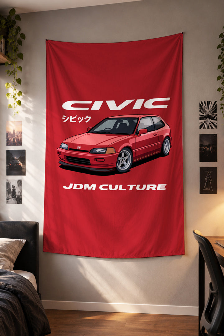 Kırmızı zeminde Honda Civic JDM Culture baskılı kumaş duvar örtüsü – 2. görsel