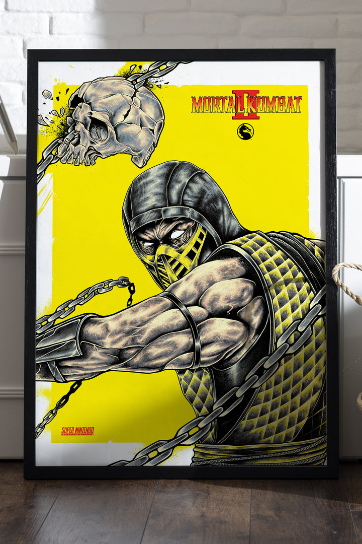 Mortal Kombat sarı zeminli maskeli ninja çizgi roman oyun posteri