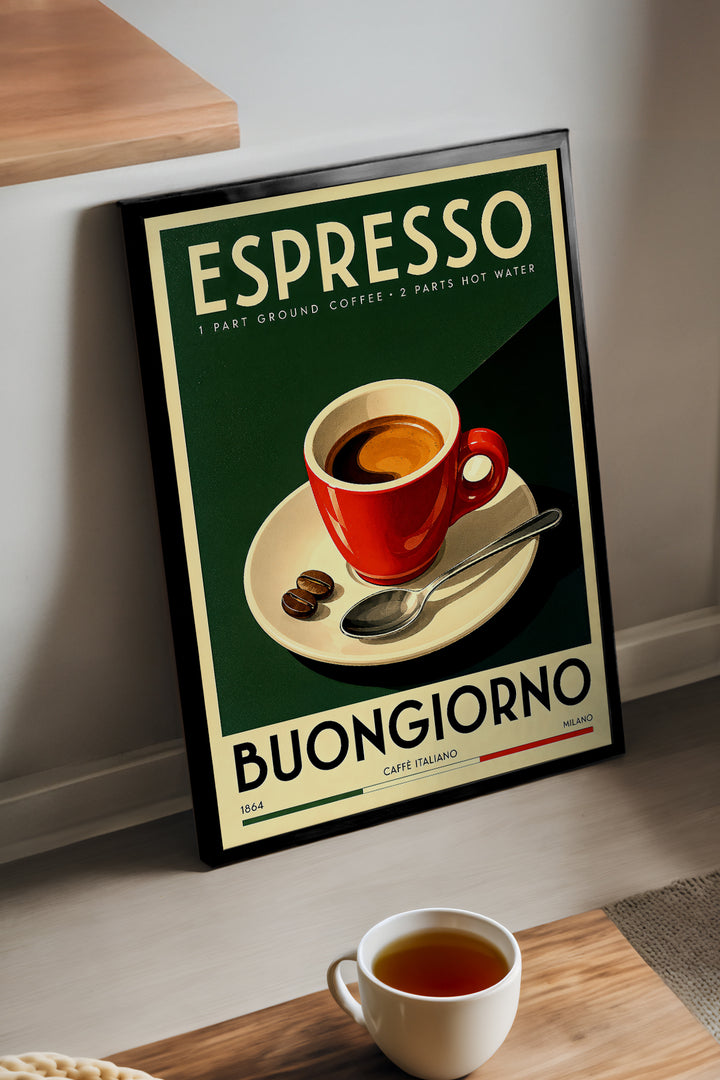 Buongiorno yazılı kırmızı fincanlı art deco espresso kahve posteri – 2. görsel