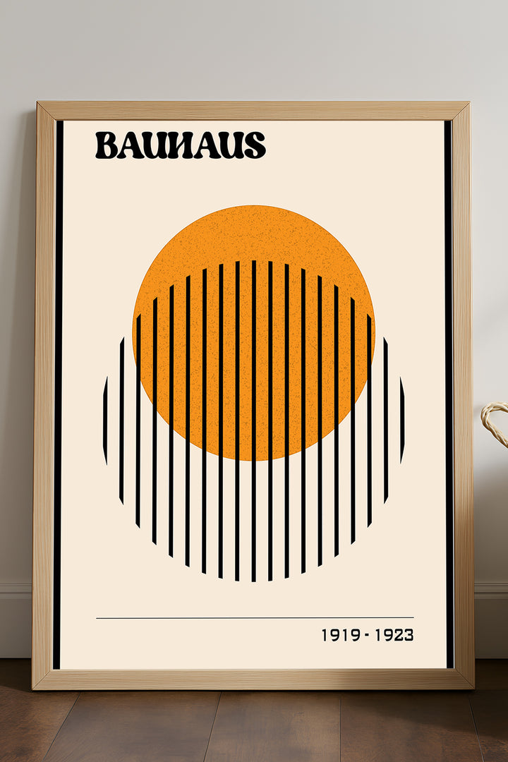 Bauhaus turuncu yarım daire ve siyah çizgili posteri