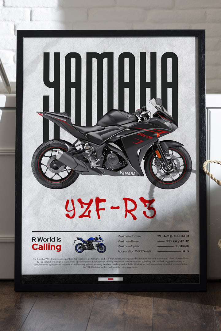 Yamaha YZF-R3 gri sport motosiklet kırmızı yazılı posteri