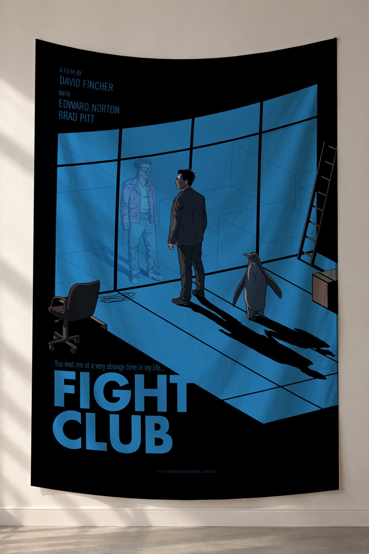 Fight Club mavi pencere silüeti kumaş duvar örtüsü