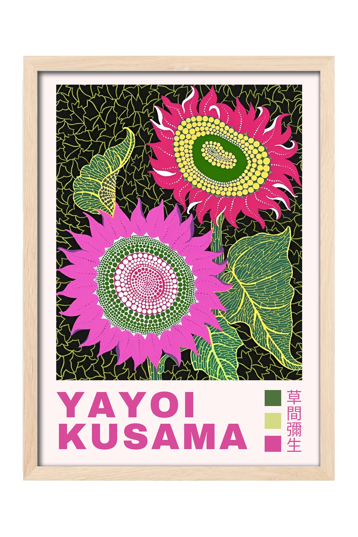Yayoi Kusama pembe puantiyeli çiçekler koyu zeminli posteri – 4. görsel