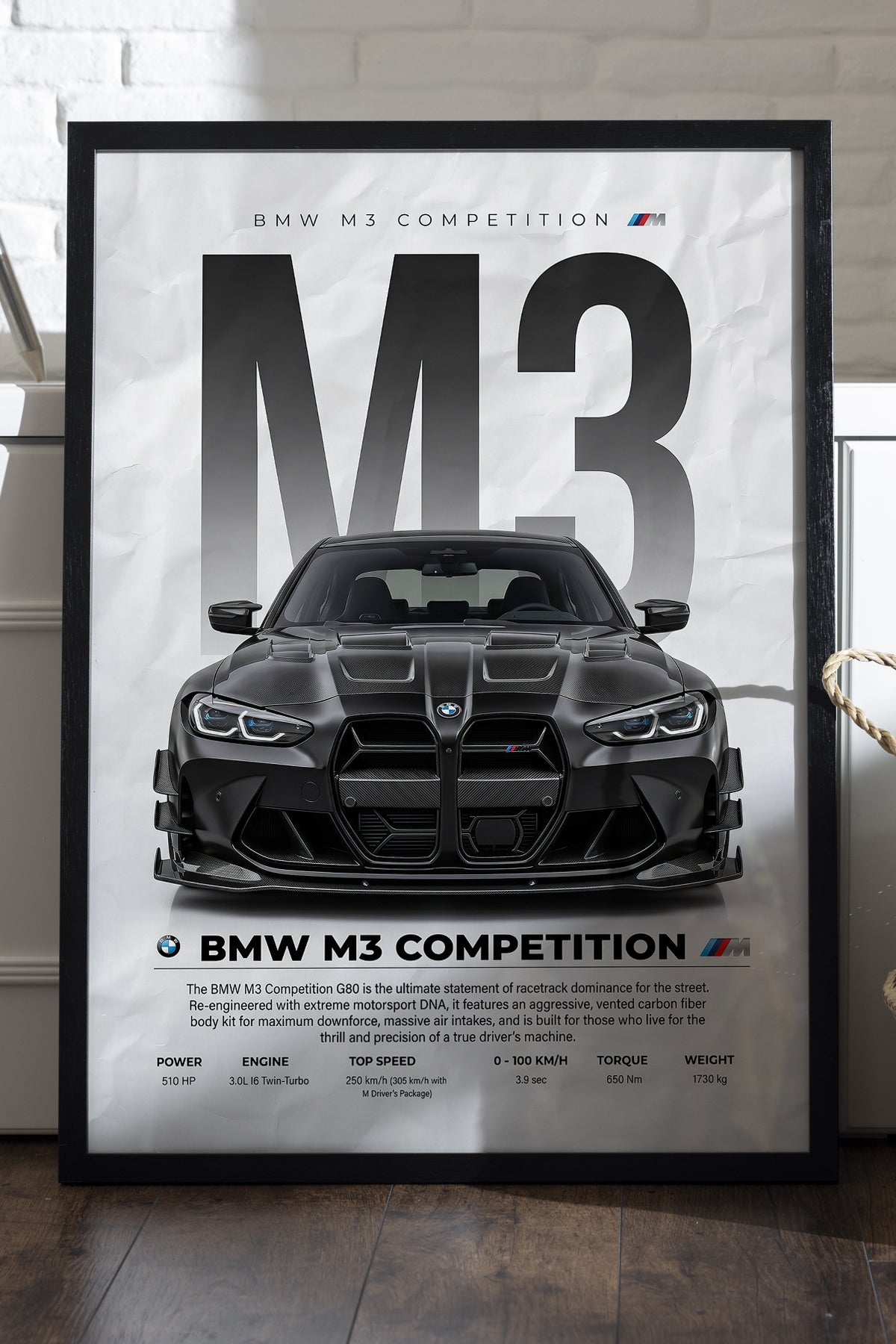 BMW M3 Competition dev M3 harfli siyah araba posteri