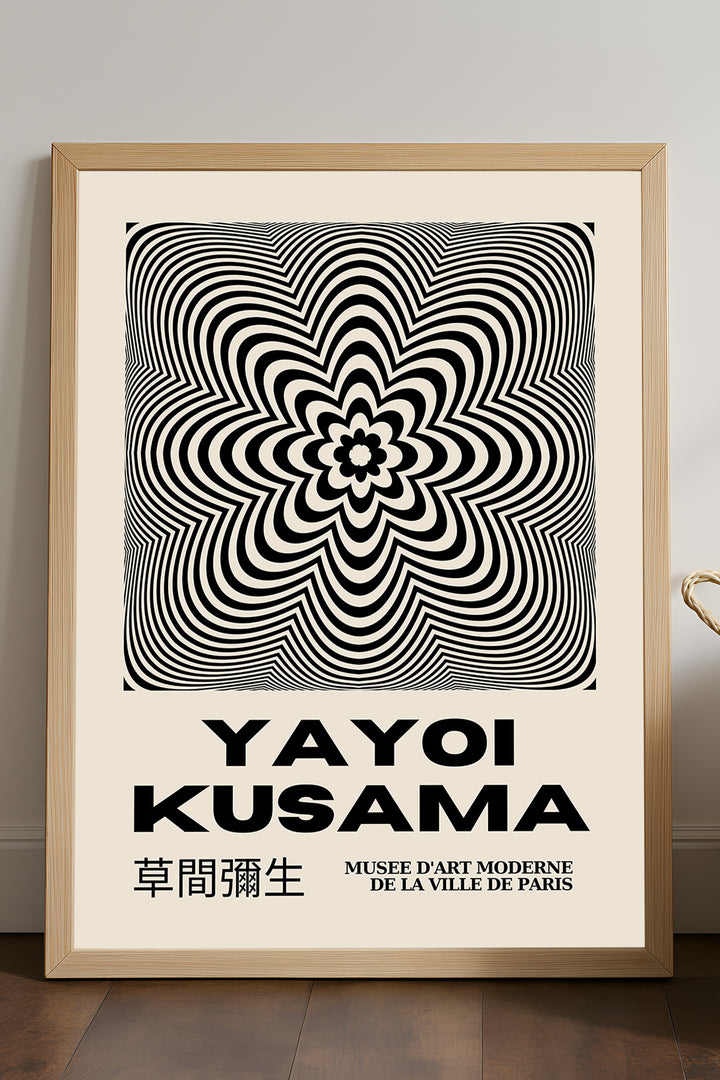 Yayoi Kusama siyah beyaz çiçek biçimli optik desen posteri