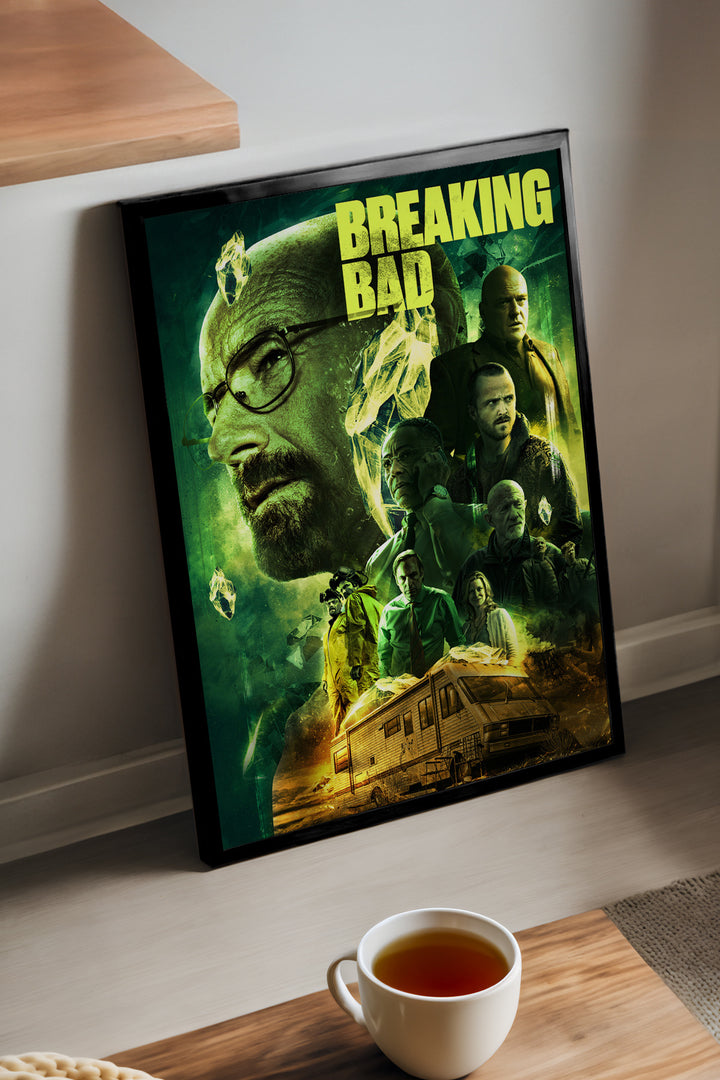 Breaking Bad yeşil tonlu karakter kolajı ve karavan dizi posteri – 2. görsel