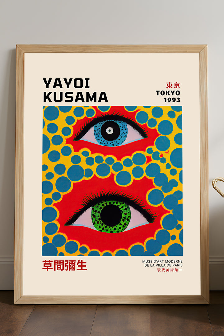 Yayoi Kusama kırmızı gözler sarı mavi noktalı sergi posteri