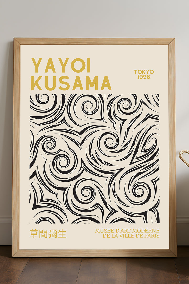 Yayoi Kusama siyah spiral girdap desenli sarı başlıklı posteri