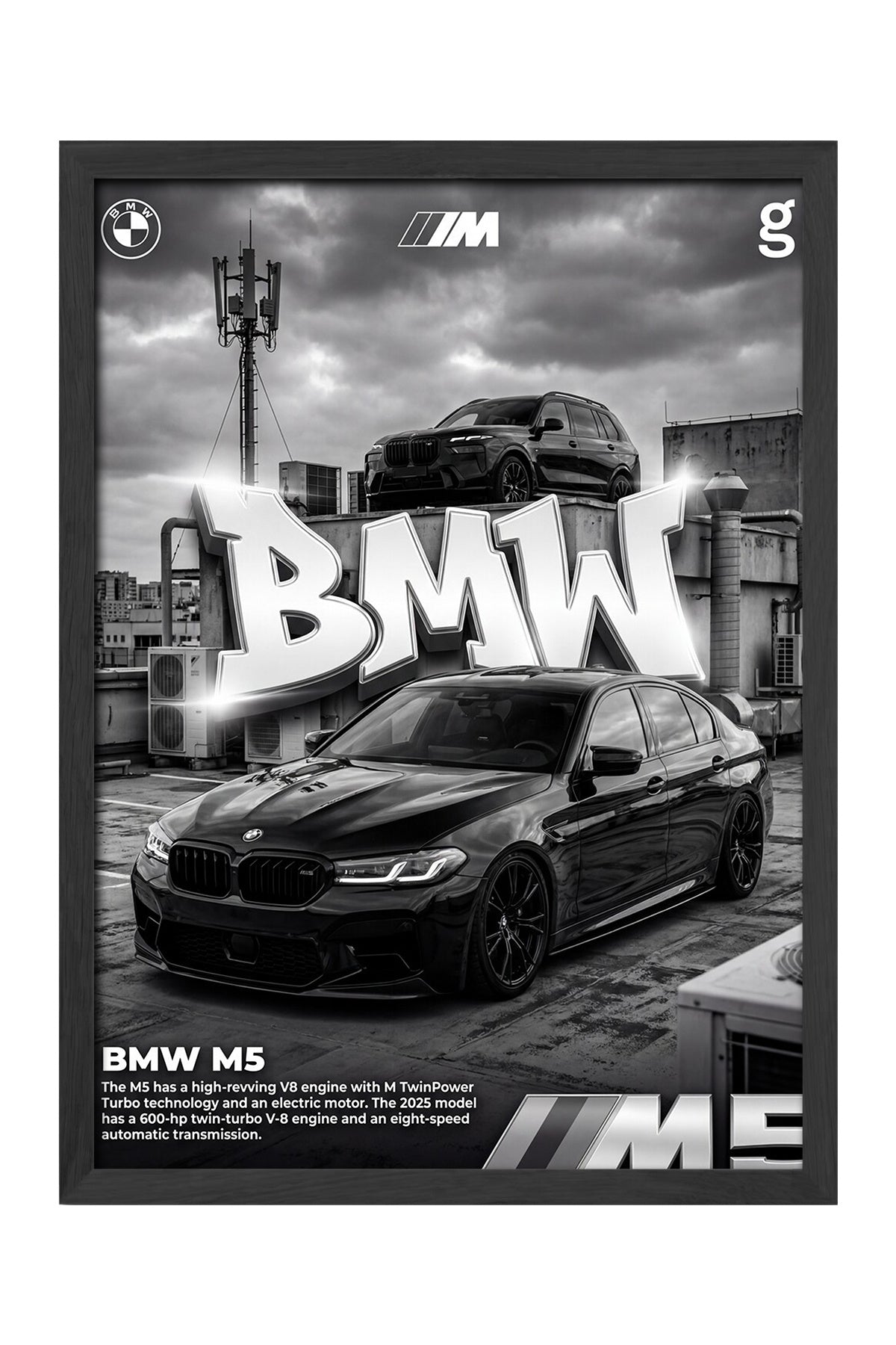 BMW M5 siyah beyaz kolaj araba posteri çerçeveli tablo – 4. görsel