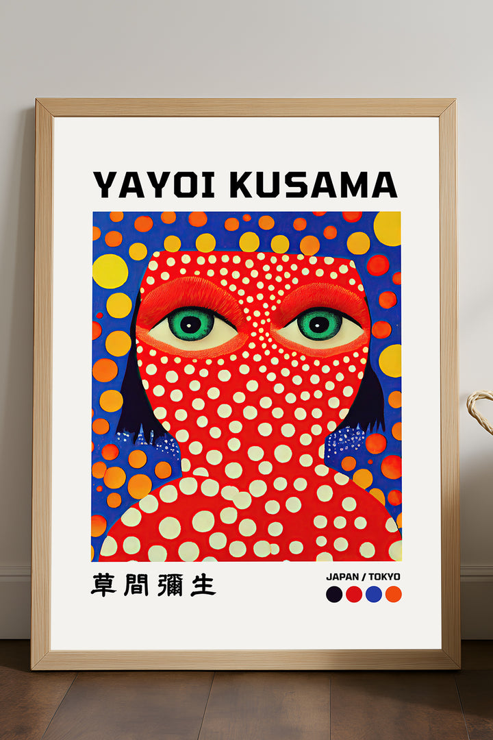 Yayoi Kusama kırmızı puantiyeli yüz portresi sergi posteri