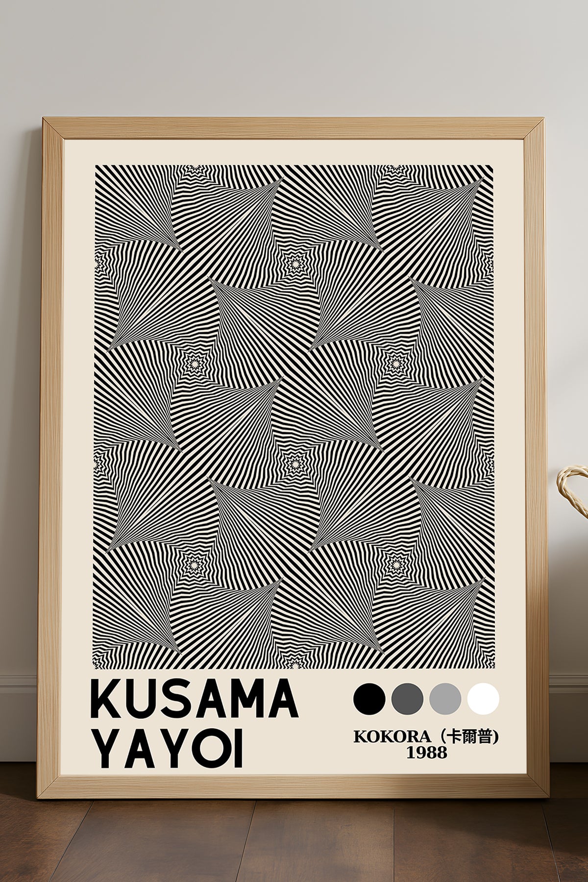 Yayoi Kusama gri elmas optik desenli sergi posteri