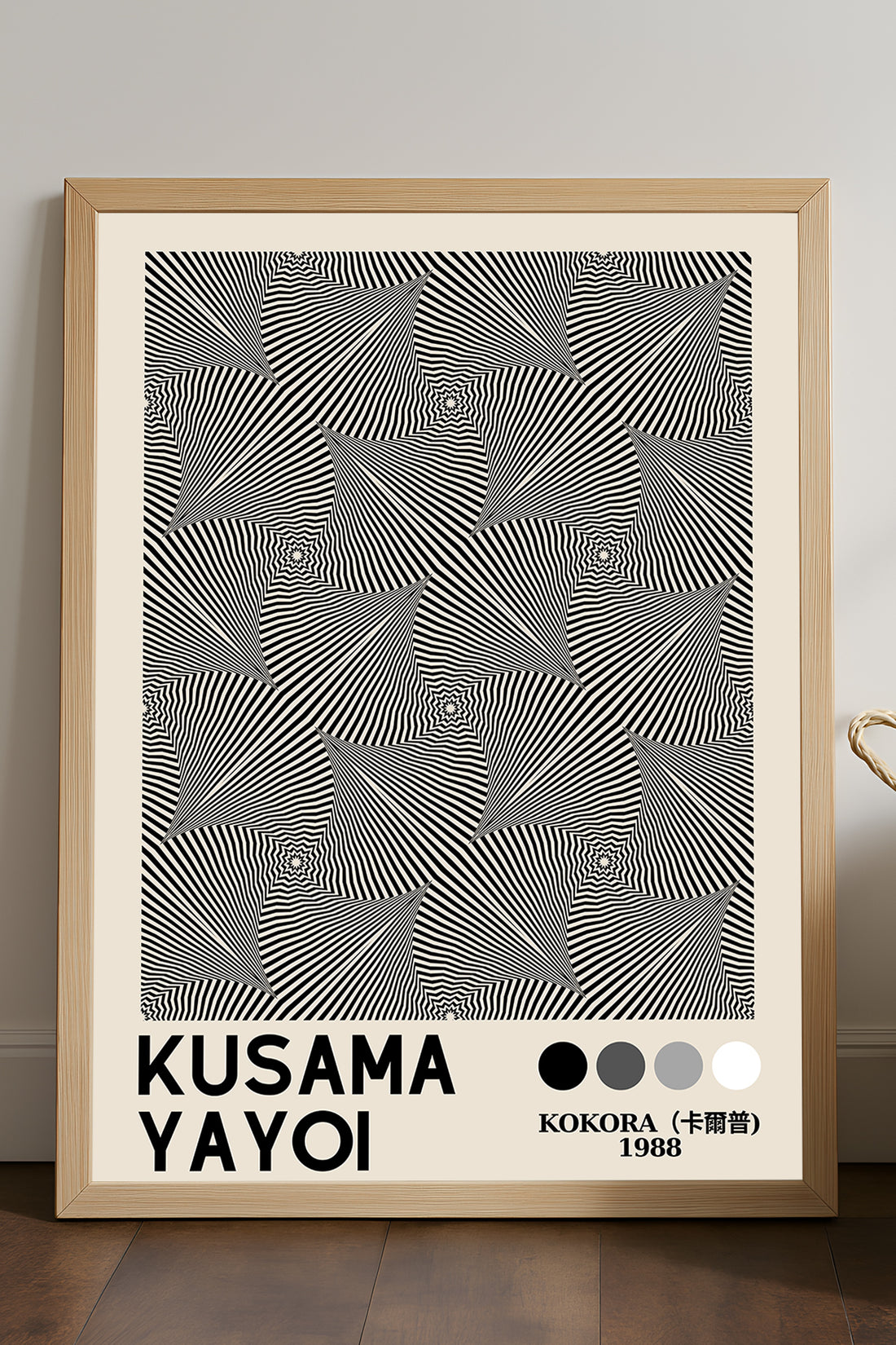 Yayoi Kusama gri elmas optik desenli sergi posteri