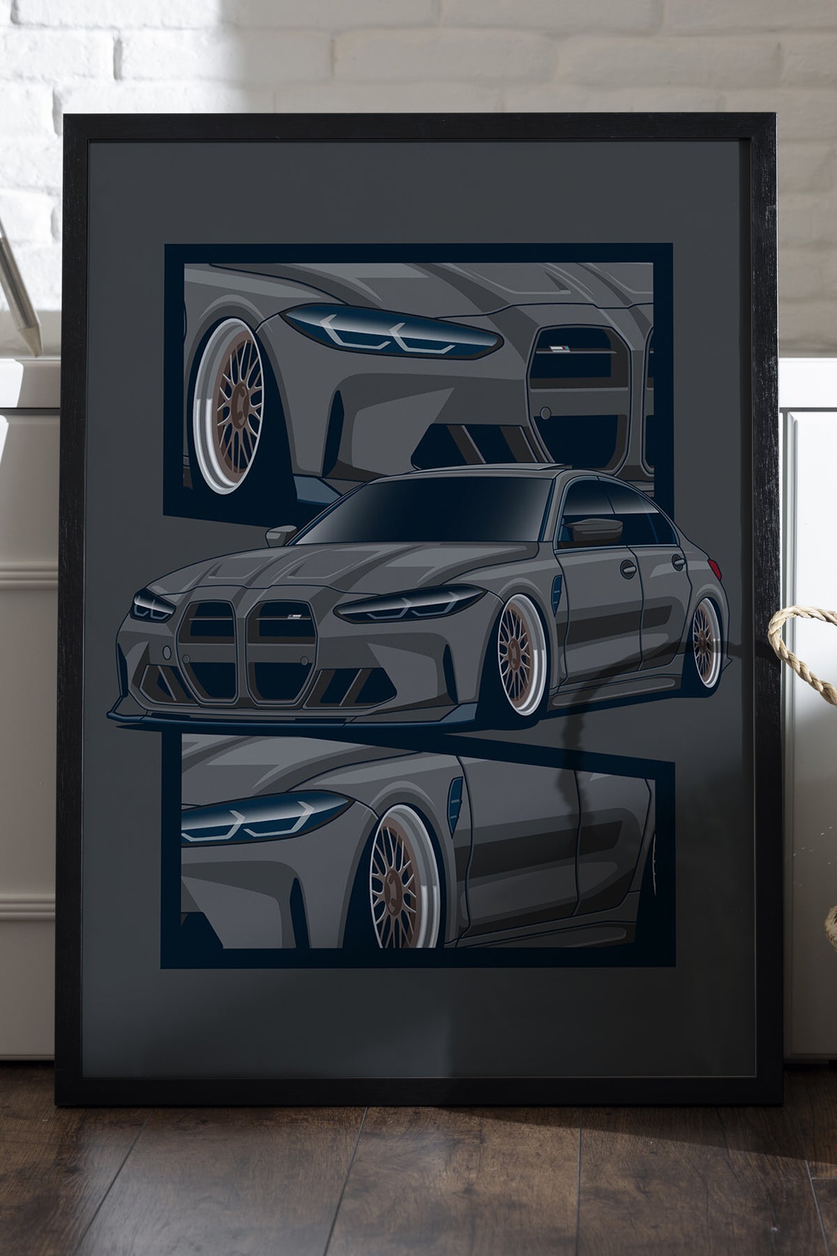 BMW M3 E92 gri katmanlı çizim araba posteri