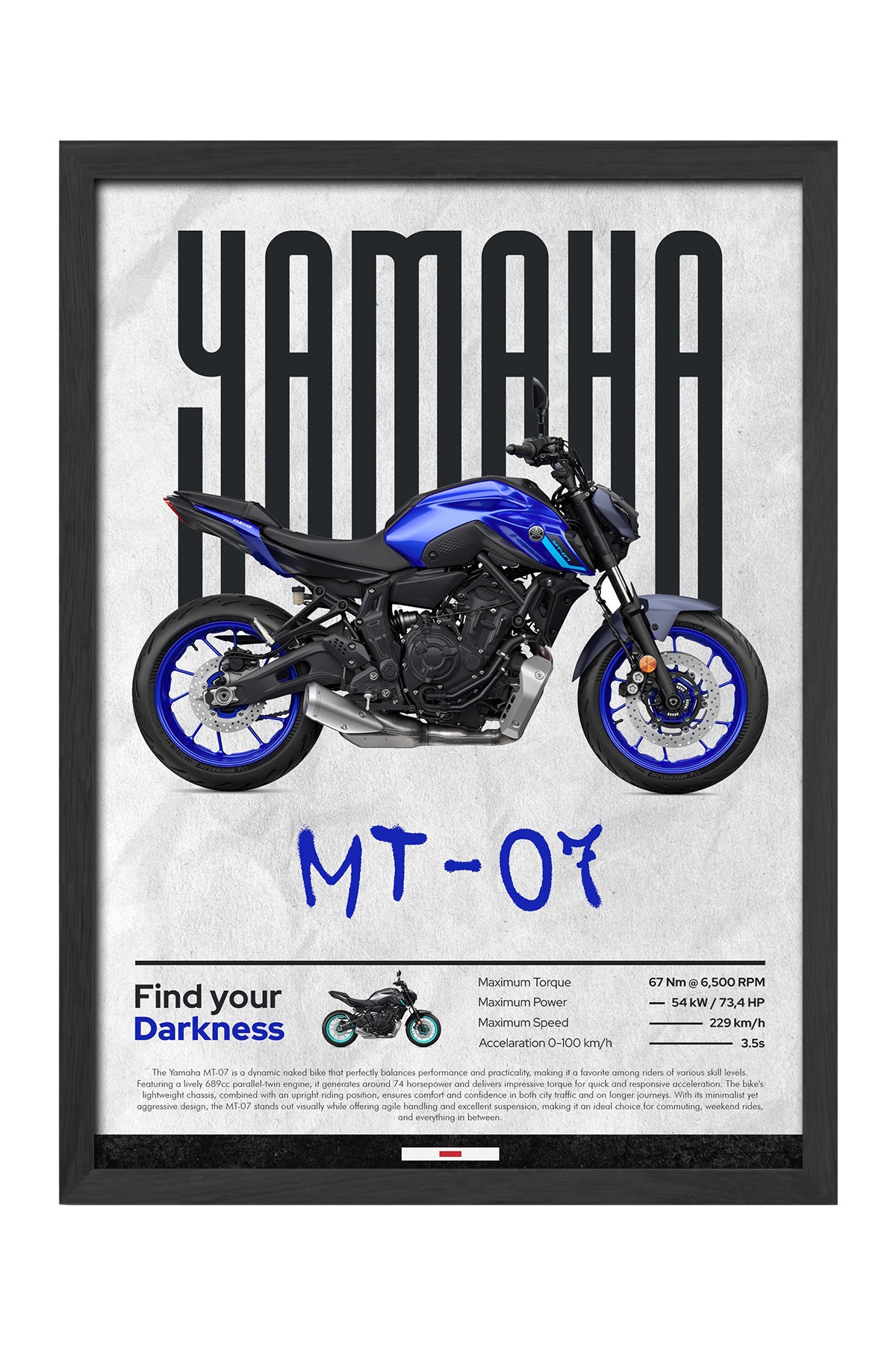 Yamaha MT-07 mavi naked motosiklet posteri çerçeveli tablo – 3. görsel