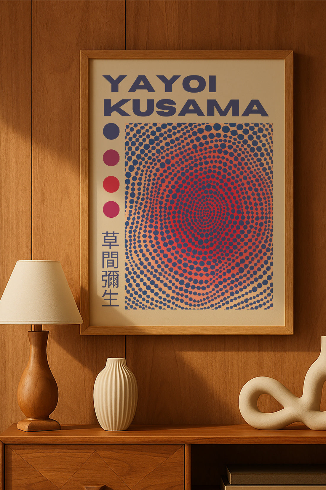 Yayoi Kusama mor pembe noktalı halka desenli sergi posteri – 2. görsel