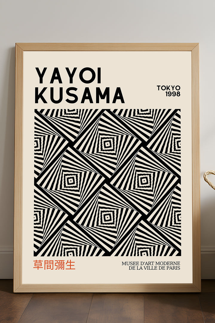 Yayoi Kusama siyah beyaz çapraz çizgi desenli sergi posteri