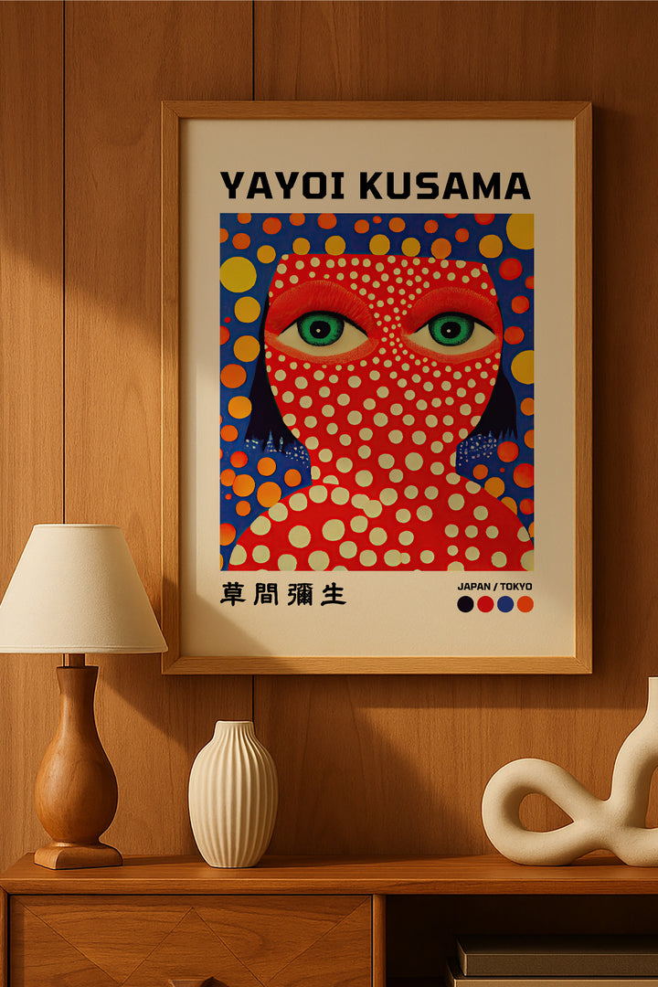Yayoi Kusama kırmızı puantiyeli yüz portresi sergi posteri – 2. görsel