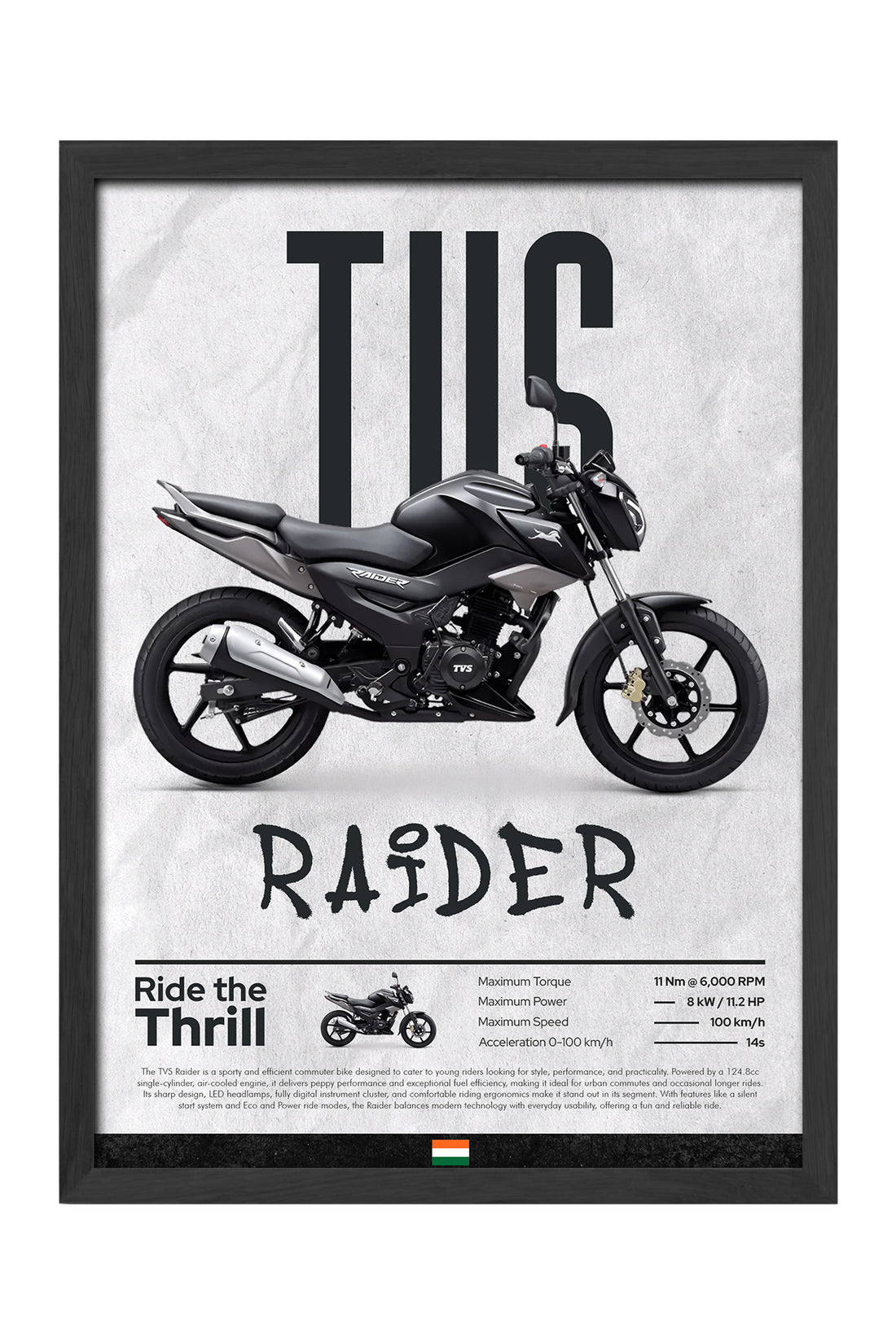 TVS Raider mat siyah monokrom motosiklet posteri çerçeveli tablo – 3. görsel