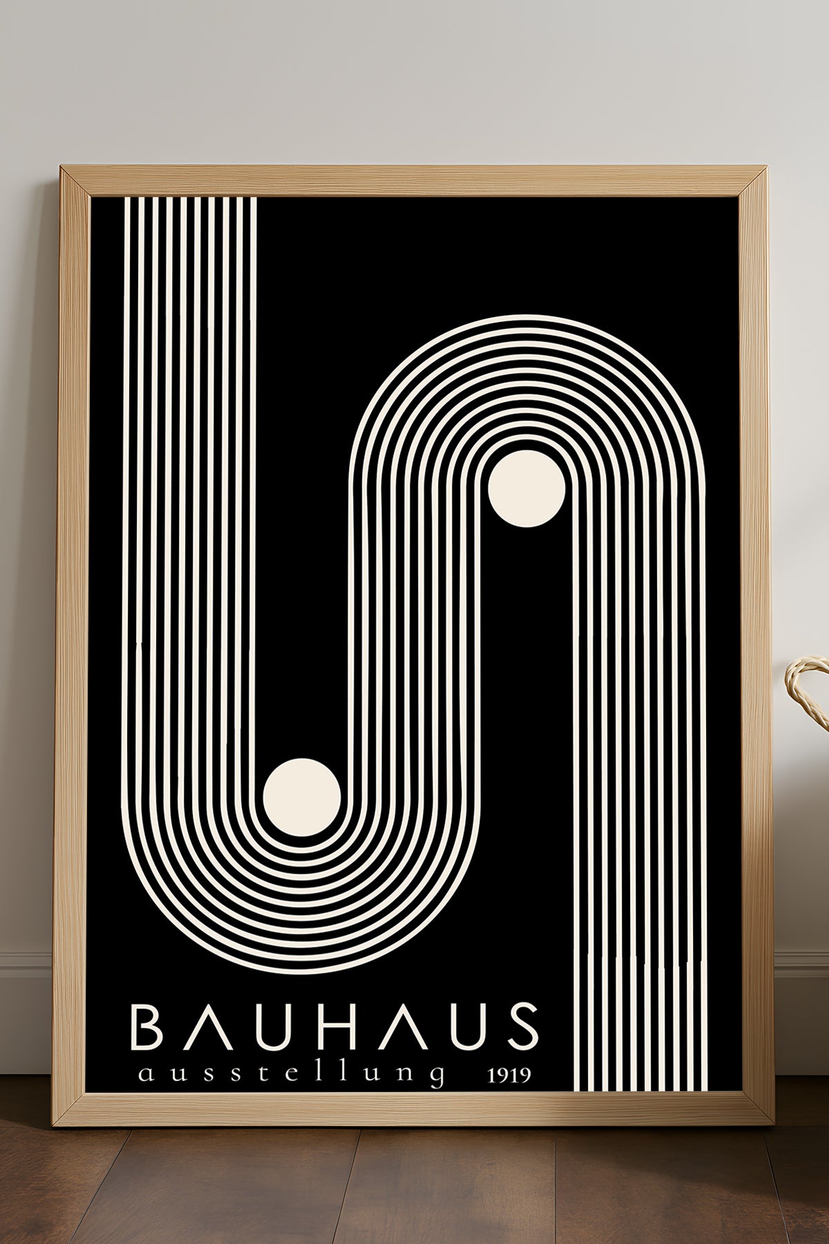 Bauhaus siyah zeminde beyaz kıvrımlı çizgiler posteri