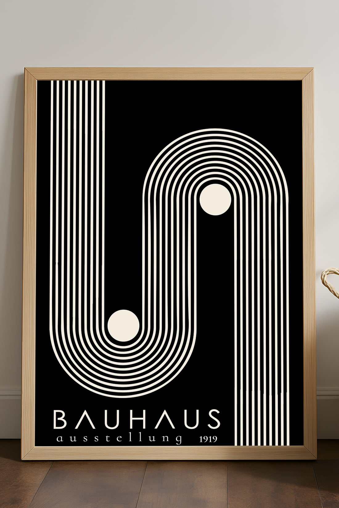 Bauhaus siyah zeminde beyaz kıvrımlı çizgiler posteri