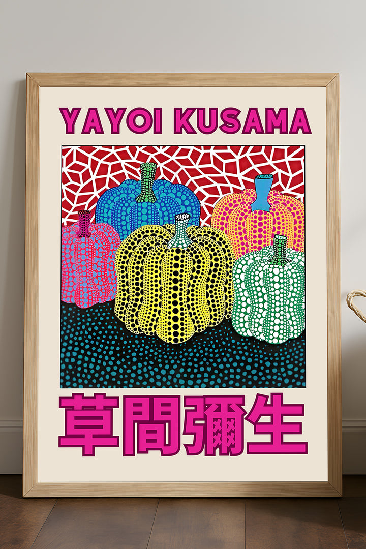 Yayoi Kusama renkli puantiyeli balkabakları sergi posteri