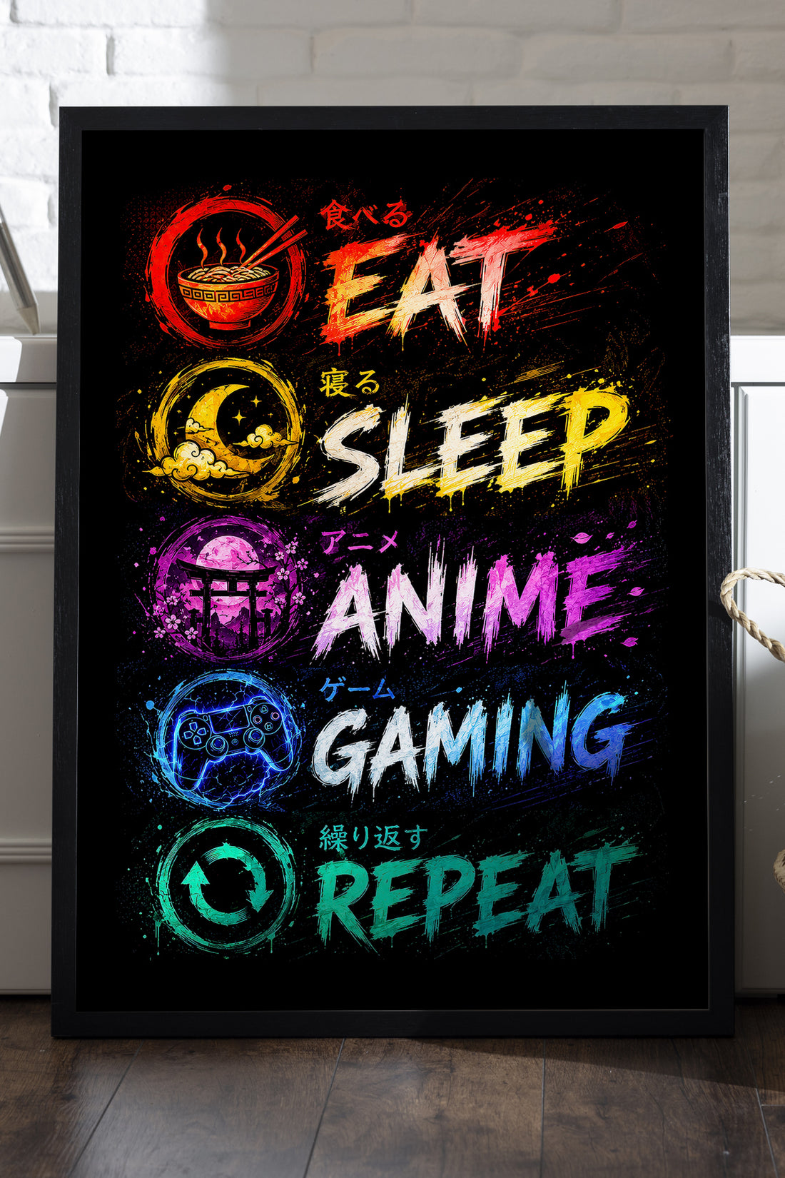 Eat Sleep Gaming neon renkli rutin yazılı oyun posteri