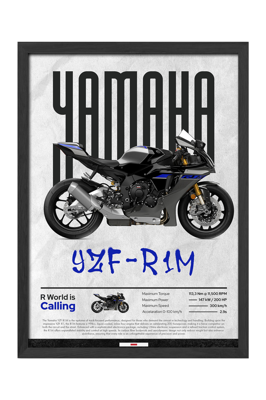 Yamaha YZF-R1M karbon gri mavi süper sport motosiklet posteri – 3. görsel