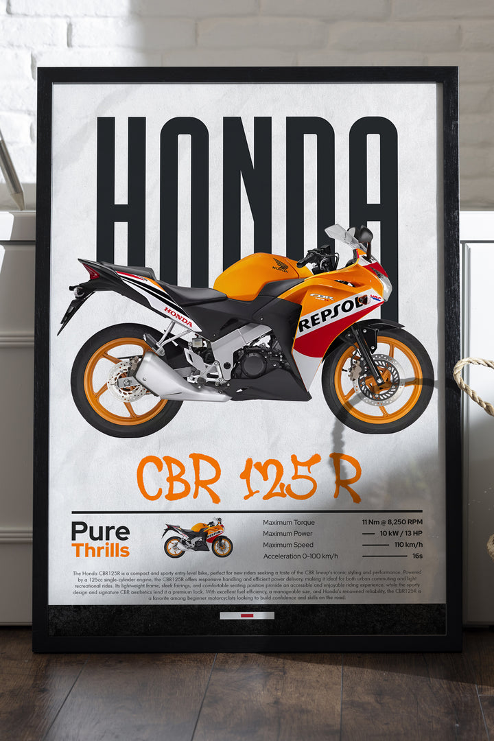 Honda CBR 125R turuncu Repsol renkli spor motosiklet poster çerçeveli tablo