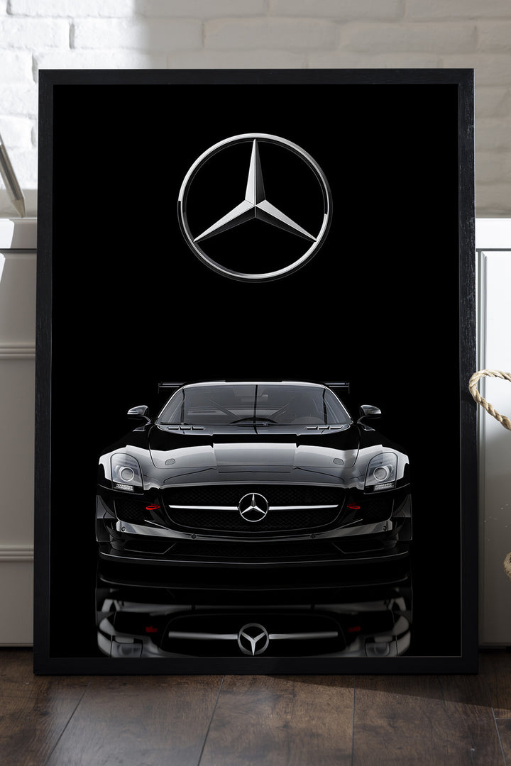Mercedes Benz SLS siyah fonda yıldız logolu araba posteri çerçeveli tablo