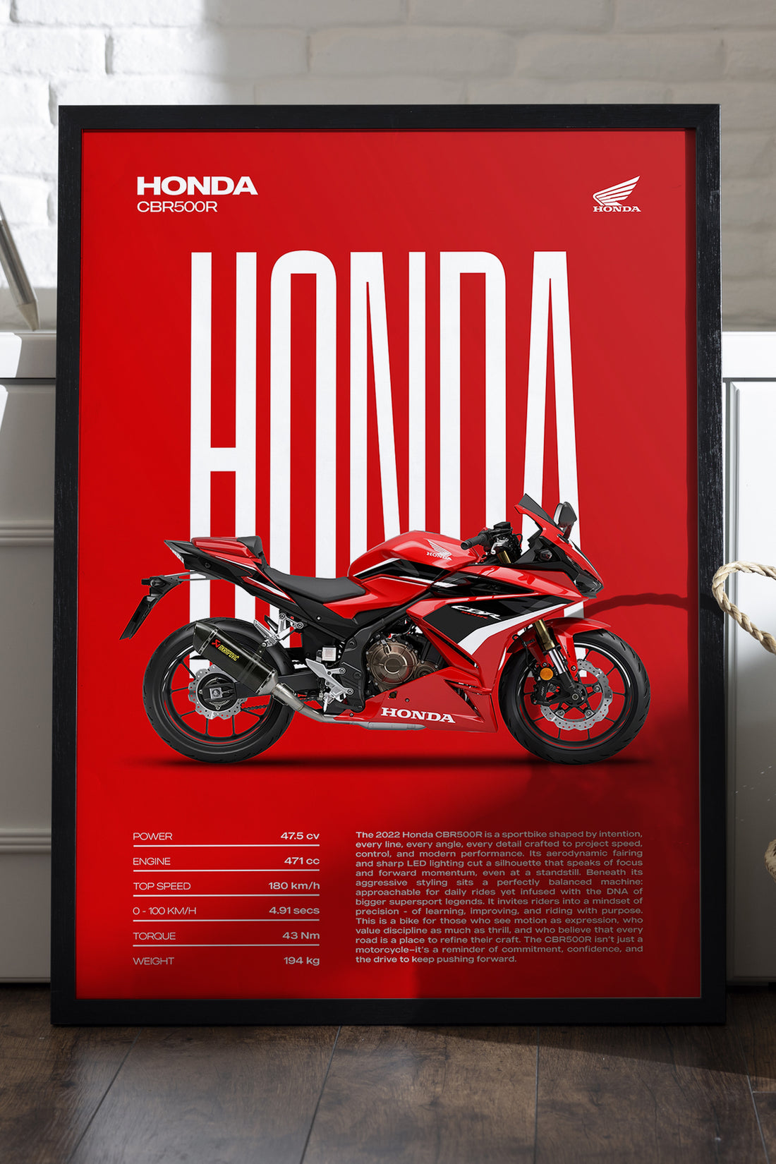 Honda CBR 500R kırmızı zeminli beyaz yazılı motosiklet poster çerçeveli tablo