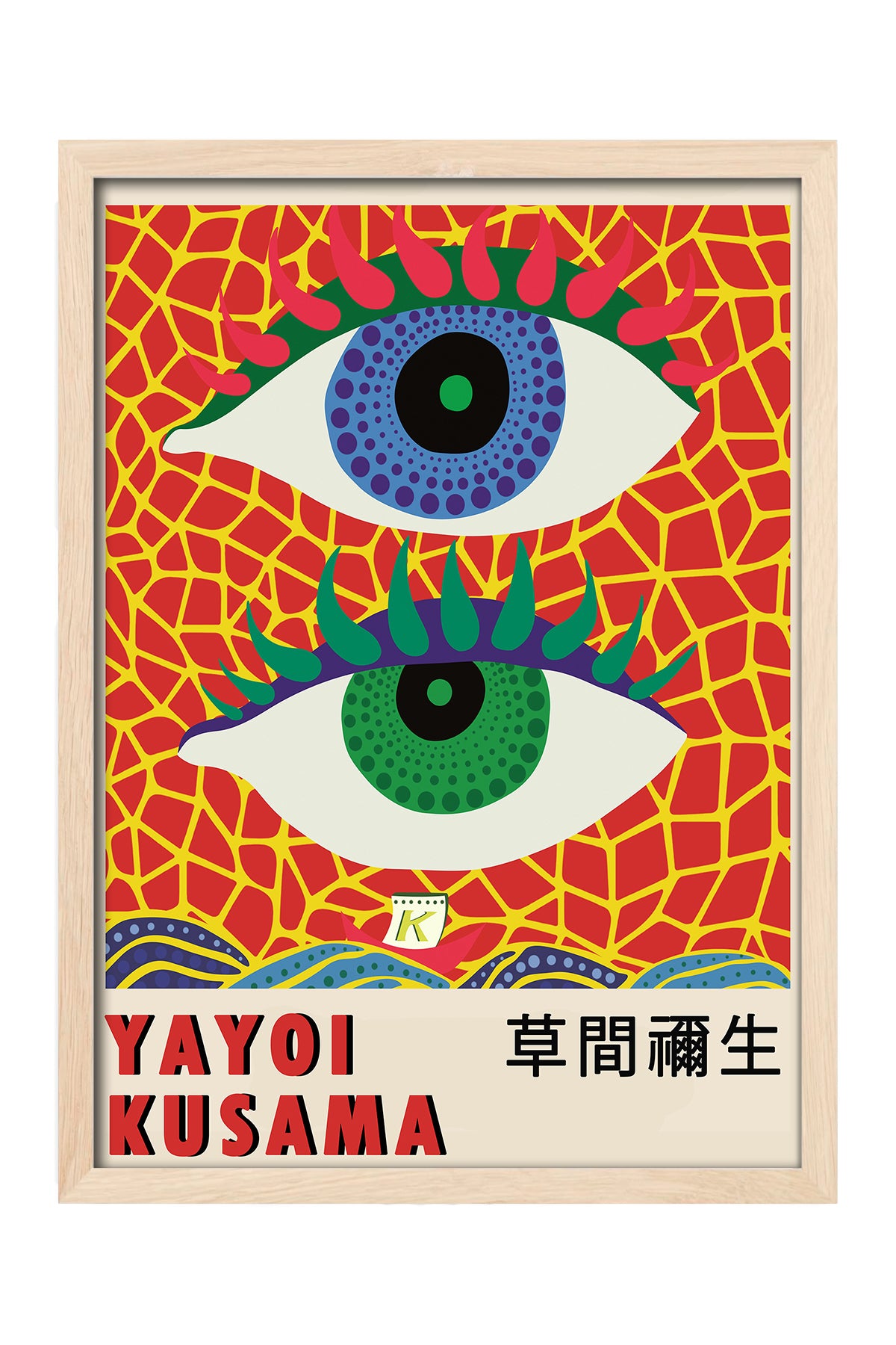 Yayoi Kusama kırmızı ağ desenli mavi yeşil gözler sergi posteri – 4. görsel