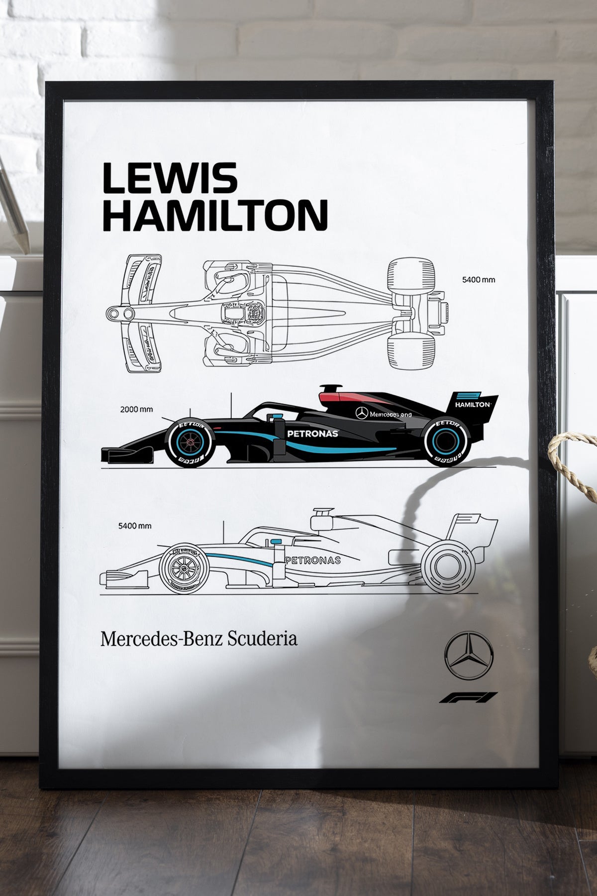 Lewis Hamilton F1 aracı teknik çizim beyaz poster çerçeveli tablo